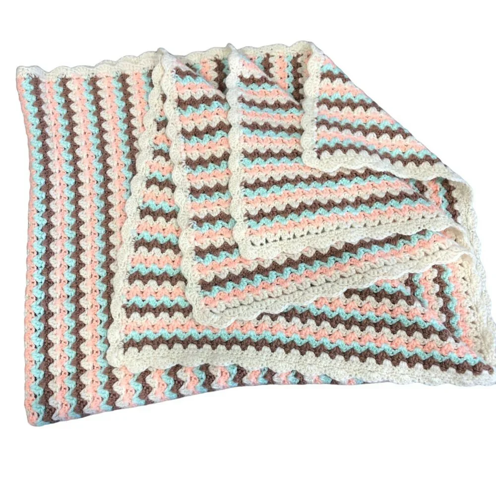 Handcrafted Crochet Blanket Brown Pink Blue Oatmeal Scalloped Edges 58x45